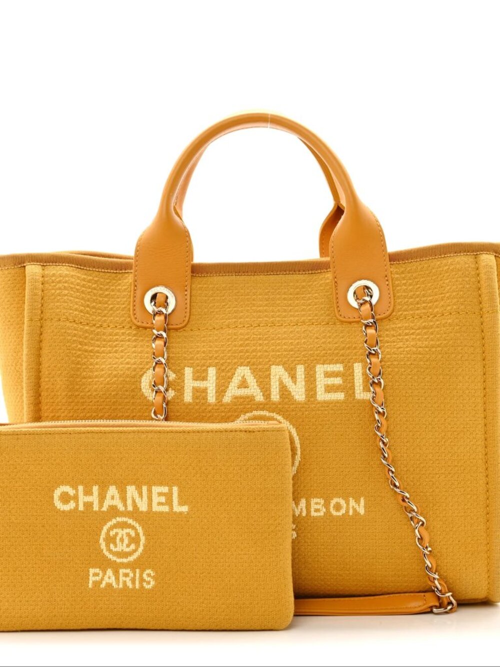Chanel Canvas Mixed Fibers Deauville Tote Yellow Shoulder Bag Top Handle wPouch